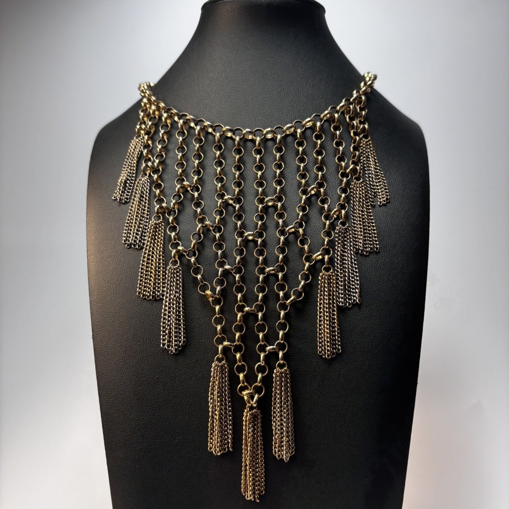 Bib Necklace Gold Tone Draped Chain Tassel Statement Boho Fringe Jewelry - Picture 5 of 9